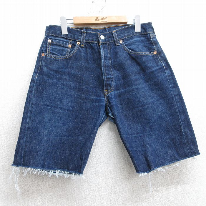 W32★古着 リーバイス Levis 501 ショート パンツ ショーツ メンズ ヒゲ コットン 濃紺 ネイビー デニム 25jul10 中古 ボトムス 短パン ショーパン ハーフ