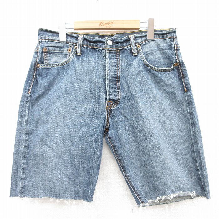 【20%OFF】W34★古着 リーバイス Levis 501 ショート パンツ ショーツ メンズ ヒゲ コットン 紺 ネイビー デニム 25jul11 中古 ボトムス 短パン ショーパン ハーフ