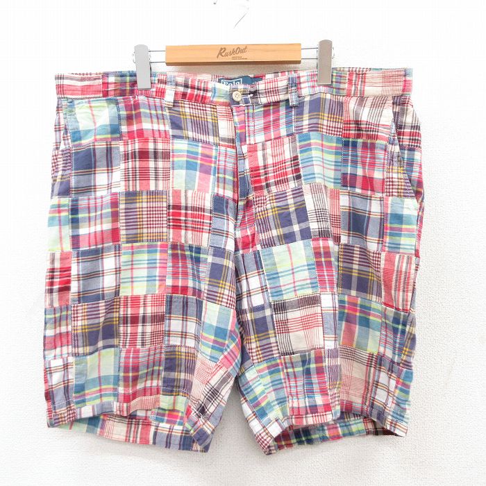 W40★古着 ラルフローレン Ralph Lauren ブランド ショート パンツ ショーツ メンズ 90年代 90s パッチワーク 大きいサイズ コットン 赤他 レッド 【spe】 25jul11 中古 ボトムス 短パン ショーパン ハーフ