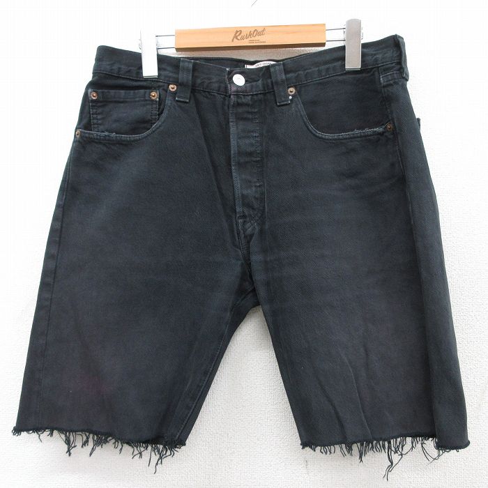 W33★古着 リーバイス Levis 501 ショート パンツ ショーツ メンズ ヒゲ コットン 黒 ブラック デニム 25jul11 中古 ボトムス 短パン ショーパン ハーフ