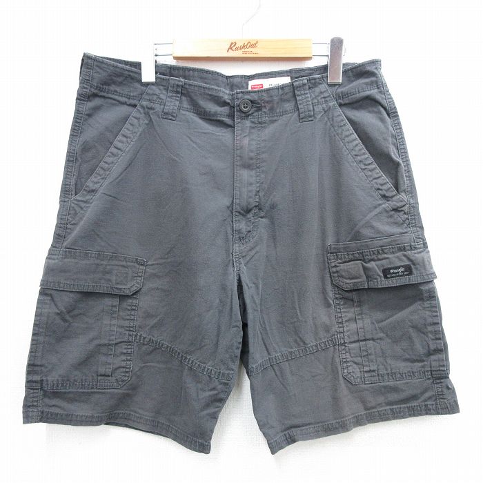 W34★古着 ラングラー Wrangler ショート カーゴ パンツ ショーツ メンズ リップストップ 濃グレー 25jul17 中古 ボトムス 短パン ショーパン