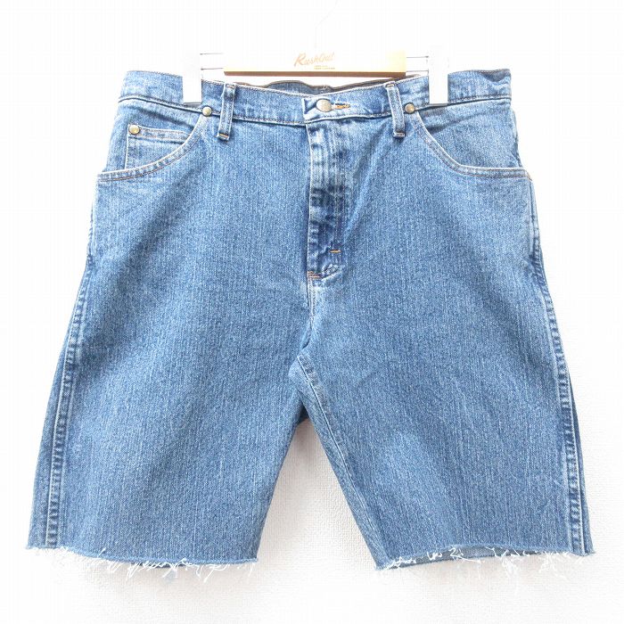 【50%OFF】W36★古着 ラングラー Wrangler ショート パンツ ショーツ メンズ コットン 紺 ネイビー デニム 25jul17 中古 ボトムス 短パン ショーパン ハーフ