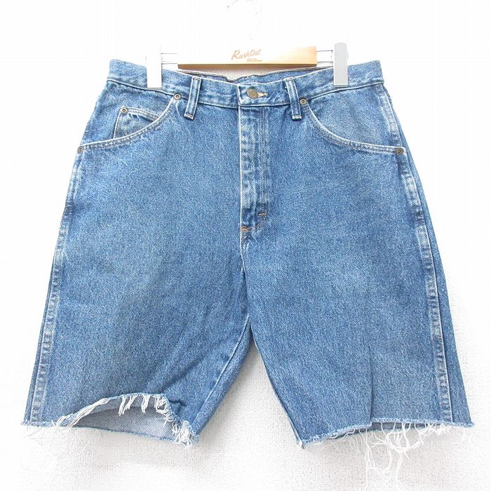 W32★古着 ラングラー Wrangler ショート パンツ ショーツ メンズ コットン 紺 ネイビー デニム 25jul17 中古 ボトムス 短パン ショーパン ハーフ