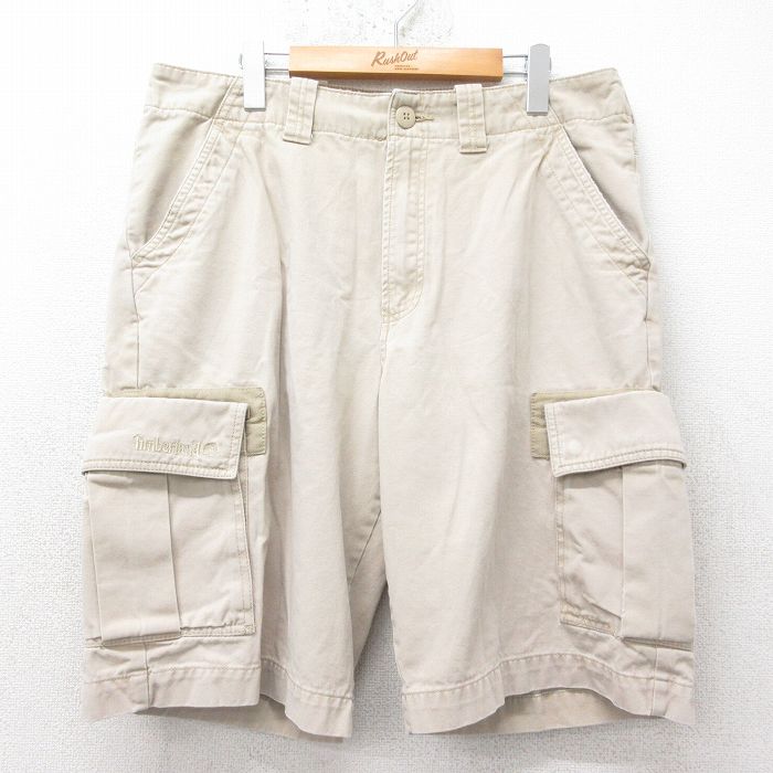 【50%OFF】W35★古着 ティンバーランド ショート カーゴ パンツ ショーツ メンズ 00年代 00s ワンポイントロゴ コットン ベージュ カーキ 25jul17 中古 ボトムス 短パン ショーパン