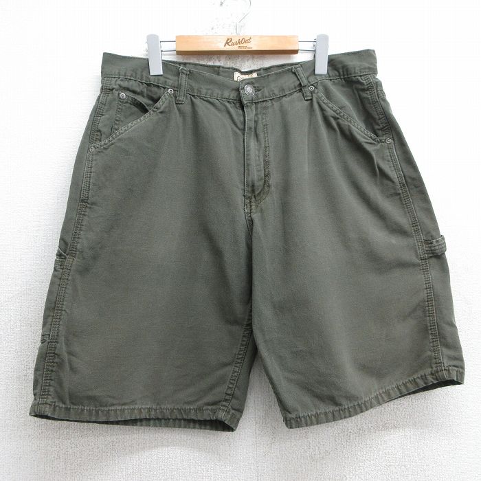 【50%OFF】W35★古着 ショート ペインター パンツ ショーツ メンズ ダック地 コットン 濃緑 グリーン 25jul18 中古 ボトムス 短パン ショーパン