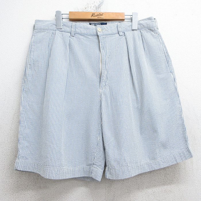 【20%OFF】W34★古着 ラルフローレン Ralph Lauren ブランド ショート パンツ ショーツ メンズ 90年代 90s シアサッカー コットン 薄紺他 ネイビー ストライプ 【spe】 25jul18 中古 ボトムス 短パン ショーパン ハーフ