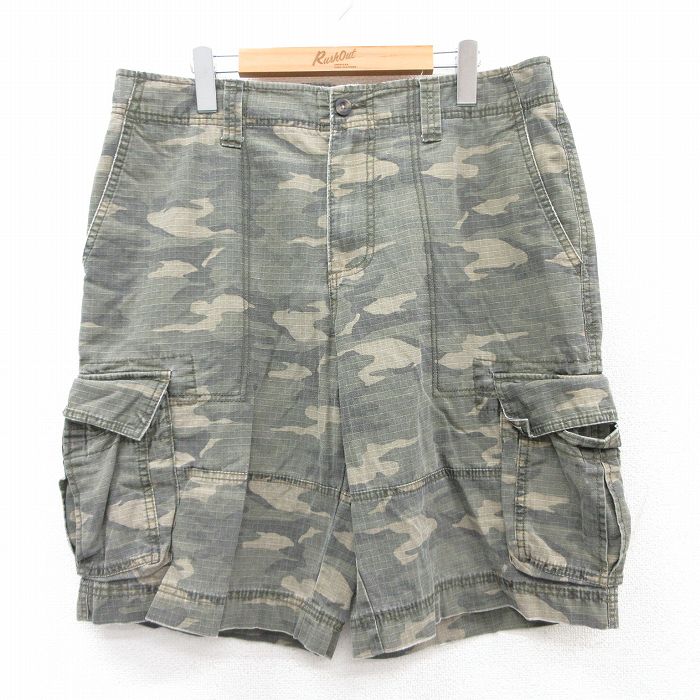 W35★古着 モッシモ ショート ベイカー カーゴ パンツ ショーツ メンズ リップストップ コットン 緑 グリーン 迷彩 25jul18 中古 ボトムス 短パン ショーパン