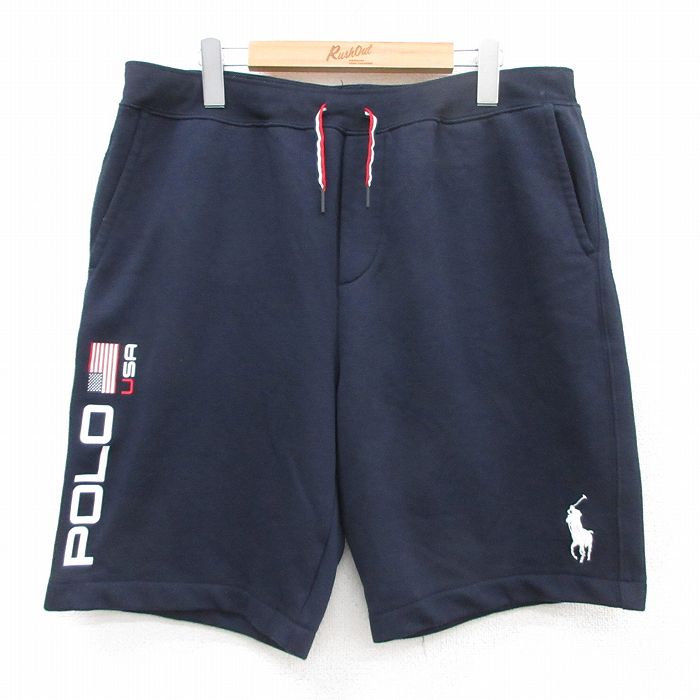 W37★古着 ラルフローレン Ralph Lauren ショート スウェット パンツ ショーツ メンズ ビッグロゴ 紺 ネイビー 【spe】 25jul18 中古 ボトムス 短パン ショーパン