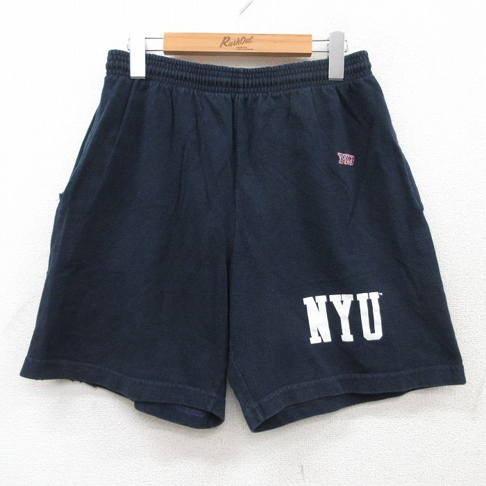 W32★古着 ショート イージー パンツ ショーツ メンズ 90年代 90s NYU 鹿の子 コットン USA製 紺 ネイビー 25jul18 中古 ボトムス 短パン ショーパン