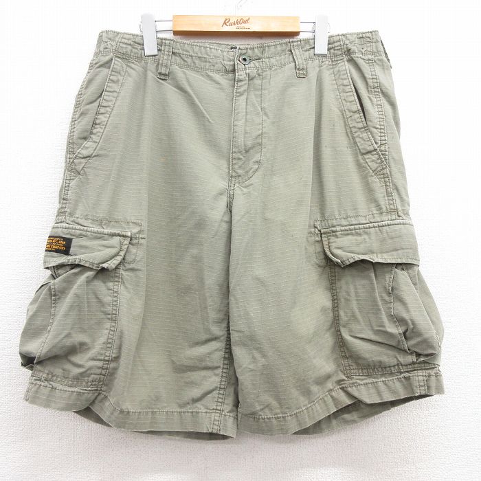 W34★古着 ラルフローレン Ralph Lauren ポロジーンズ ショート カーゴ パンツ ショーツ メンズ 00年代 00s リップストップ コットン 緑系 グリーン 【spe】 25jul18 中古 ボトムス 短パン ショーパン