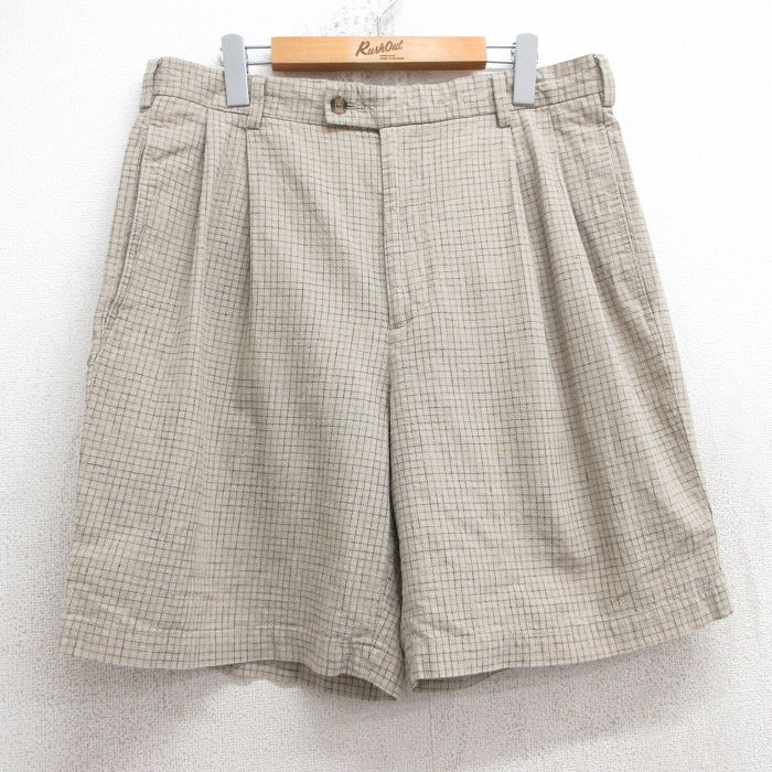 W34★古着 バンヒューセン ショート パンツ ショーツ メンズ リネン ベージュ他 カーキ チェック 25jul30 中古 ボトムス 短パン ショーパン ハーフ