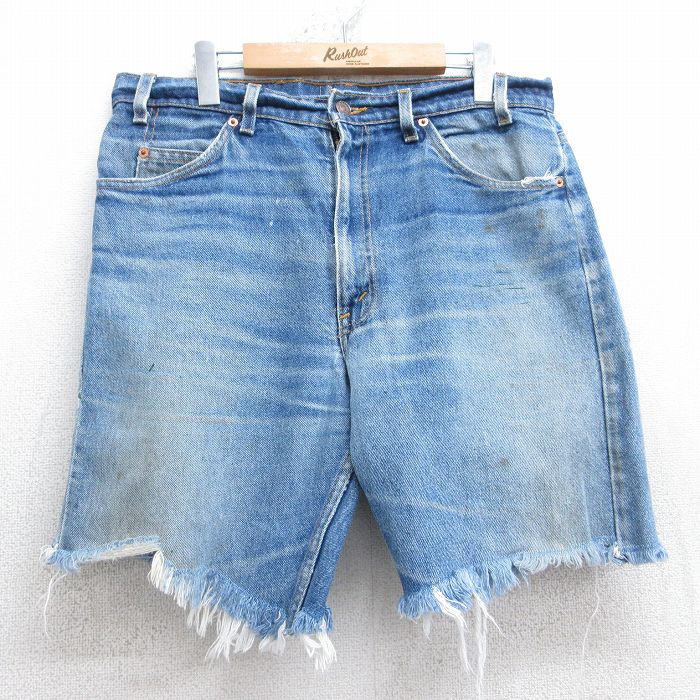 W34★古着 リーバイス Levis 505 ショート パンツ ショーツ メンズ 00年代 00s ヒゲ 紺 ネイビー デニム 【spe】 25jul31 中古 ボトムス 短パン ショーパン ハーフ
