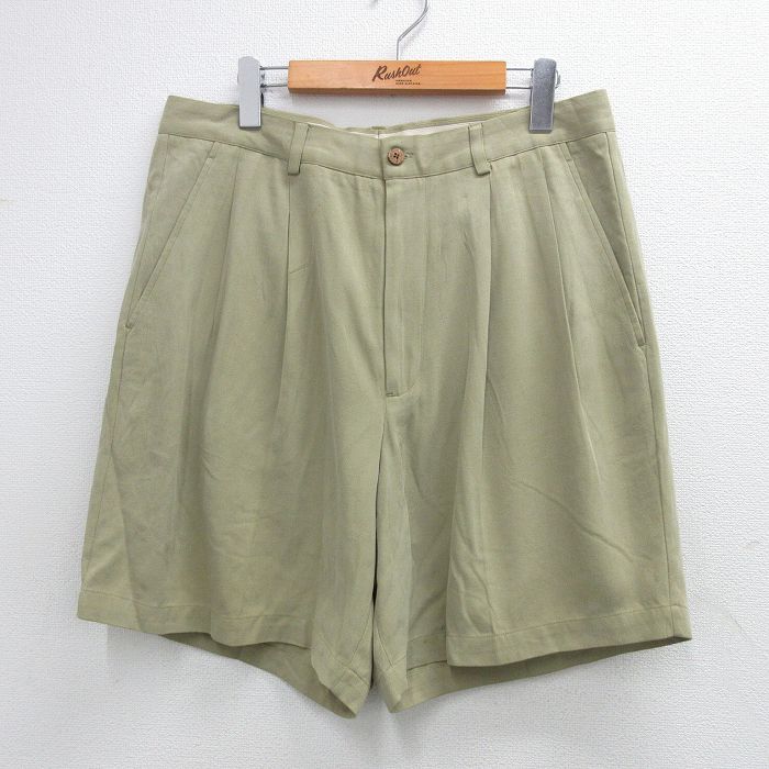 W33★古着 ショート パンツ ショーツ メンズ シルク ベージュ系 カーキ 25aug02 中古 ボトムス 短パン ショーパン ハーフ
