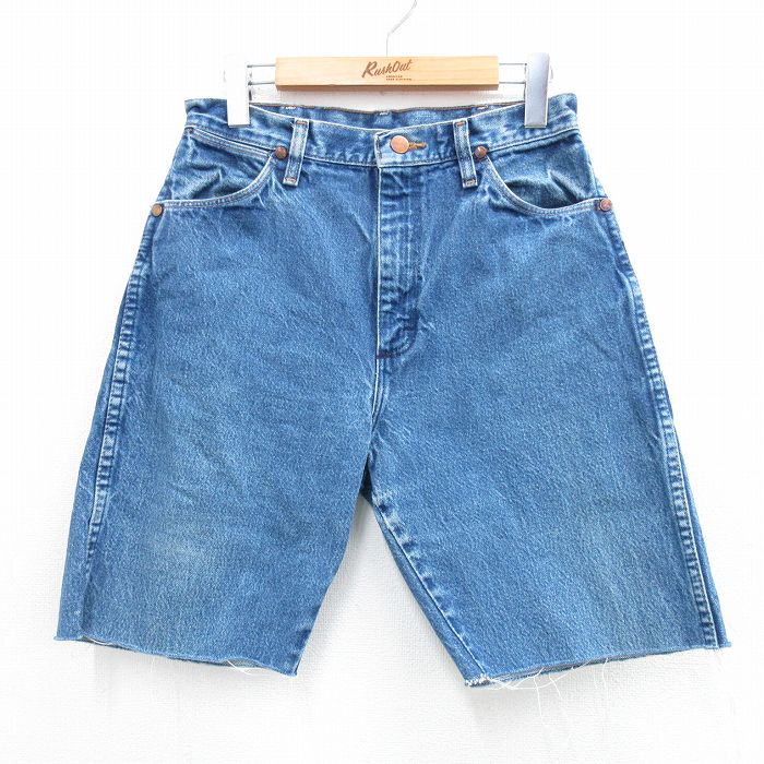 W28★古着 ラングラー Wrangler ショート パンツ ショーツ メンズ 90年代 90s コットン USA製 紺 ネイビー デニム 25aug02 中古 ボトムス 短パン ショーパン ハーフ