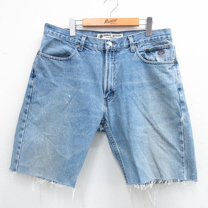 W37★古着 ハーレーダビッドソン Harley Davidson ショート パンツ ショーツ メンズ ヒゲ コットン 紺 ネイビー デニム 25aug02 中古 ボトムス 短パン ショーパン ハーフ