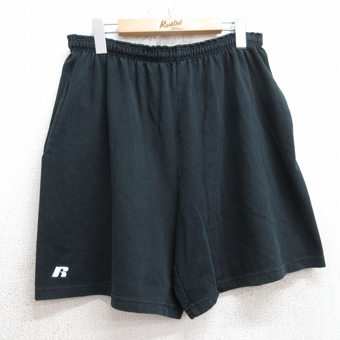 W36★古着 ラッセル ショート イージー パンツ ショーツ メンズ 80年代 80s ワンポイントロゴ 黒 ブラック 25aug05 中古 ボトムス 短パン ショーパン