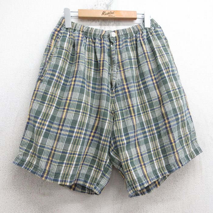 W34★古着 ノーティカ NAUTICA ブランド ショート イージー パンツ ショーツ メンズ 90年代 90s リネン 緑他 グリーン チェック 【spe】 25aug05 中古 ボトムス 短パン ショーパン