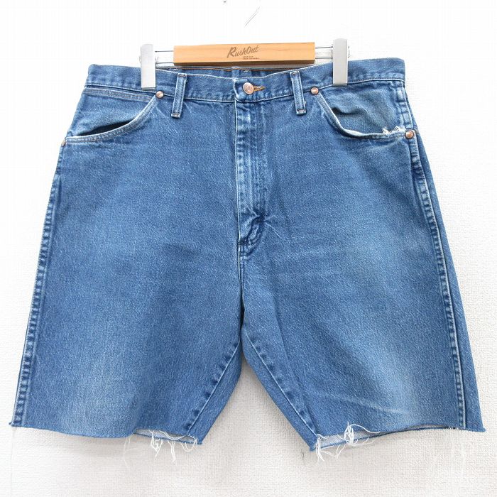 W36★古着 ラングラー Wrangler ショート パンツ ショーツ メンズ ヒゲ コットン 紺 ネイビー デニム 25aug05 中古 ボトムス 短パン ショーパン ハーフ