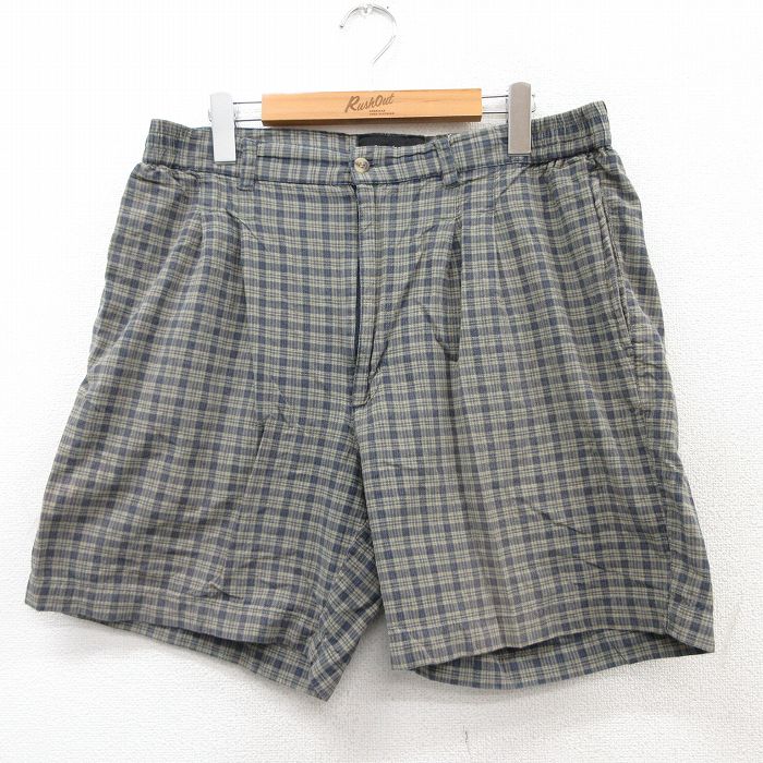 W34★古着 ショート パンツ ショーツ メンズ コットン 紺他 ネイビー チェック 25aug05 中古 ボトムス 短パン ショーパン ハーフ