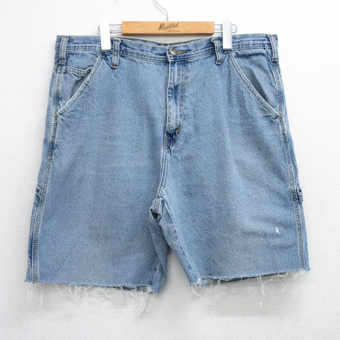 W37★古着 ショート ペインター パンツ ショーツ メンズ ヒゲ コットン 紺 ネイビー デニム 25aug06 中古 ボトムス 短パン ショーパン