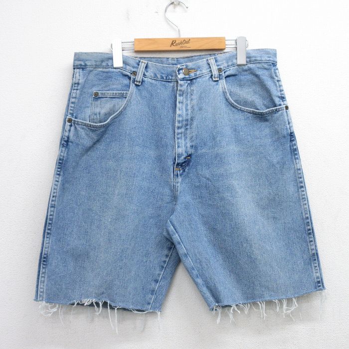 W34★古着 ラングラー Wrangler ショート パンツ ショーツ メンズ ヒゲ コットン 紺 ネイビー デニム 25aug06 中古 ボトムス 短パン ショーパン ハーフ