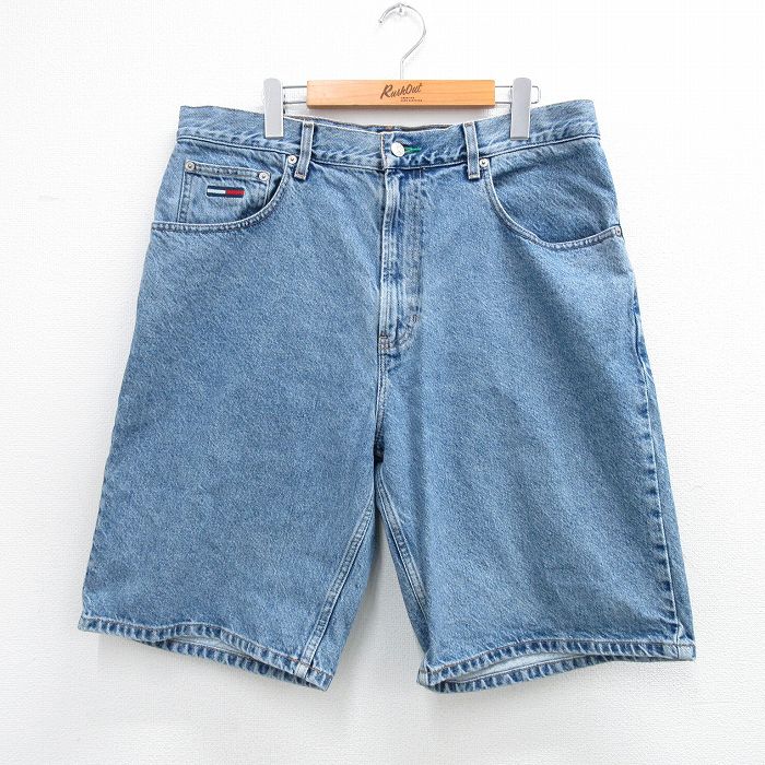 【50%OFF】W36★古着 トミーヒルフィガー TOMMY HILFIGER ブランド ショート パンツ ショーツ メンズ 90年代 90s ワンポイントロゴ コットン 紺 ネイビー デニム 25aug12 中古 ボトムス 短パン ショーパン ハーフ