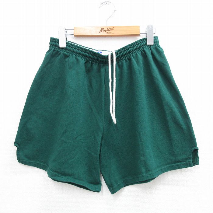 W31★古着 ラッセル ショート イージー パンツ ショーツ メンズ 90年代 90s 無地 USA製 緑 グリーン 25aug12 中古 ボトムス 短パン ショーパン