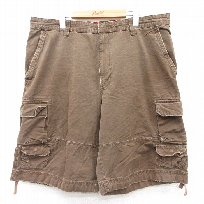 W40★古着 ショート カーゴ パンツ ショーツ メンズ リップストップ コットン 茶 ブラウン 25aug21 中古 ボトムス 短パン ショーパン