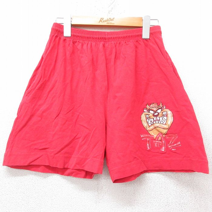 【50%OFF】W32★古着 イージー ショート パンツ ショーツ メンズ 90年代 90s ルーニーテューンズ LOONEY TUNES タズ コットン USA製 赤 レッド 25aug28 中古 ボトムス 短パン ショーパン ハーフ
