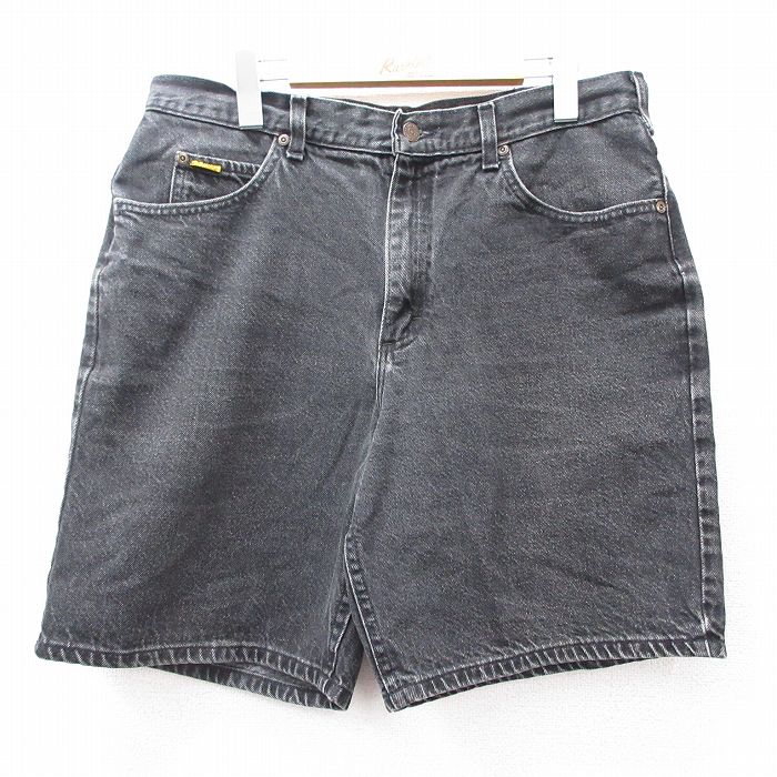 W36★古着 リー Lee ショート パンツ ショーツ メンズ ヒゲ コットン 黒 ブラック デニム 25sep02 中古 ボトムス 短パン ショーパン ハーフ