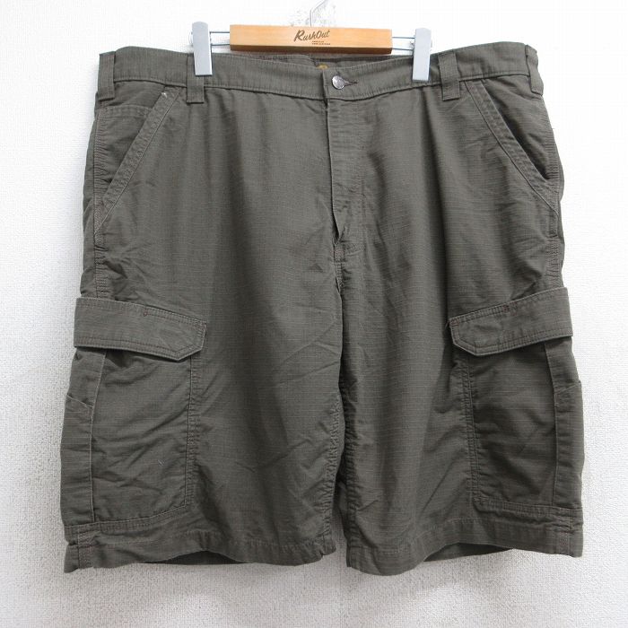 W42★古着 カーハート Carhartt ショート カーゴ パンツ ショーツ メンズ リップストップ 大きいサイズ 濃緑 グリーン 25sep03 中古 ボトムス 短パン ショーパン