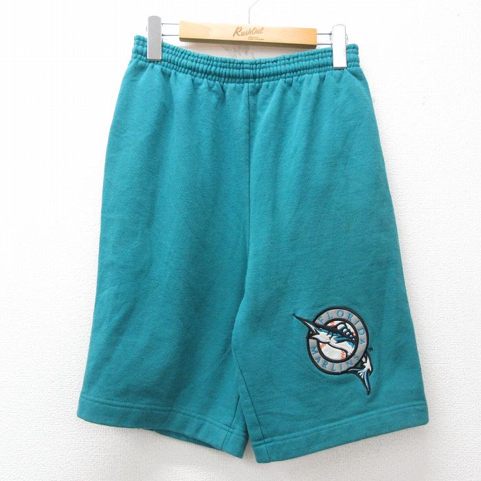 W27★古着 NUTMEG ショート スウェット パンツ ショーツ メンズ 90年代 90s MLB フロリダマリーンズ 刺繍 USA製 緑 26apr14