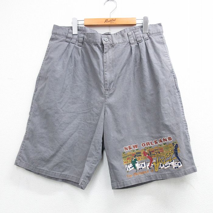 W33★古着 ショート パンツ ショーツ メンズ 90年代 90s ニューオーリンズ グレー 26apr25