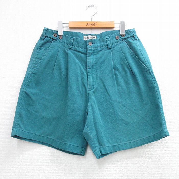 W36★古着 ショート パンツ ショーツ メンズ 90年代 90s ヘリンボーン 青緑系 26apr25