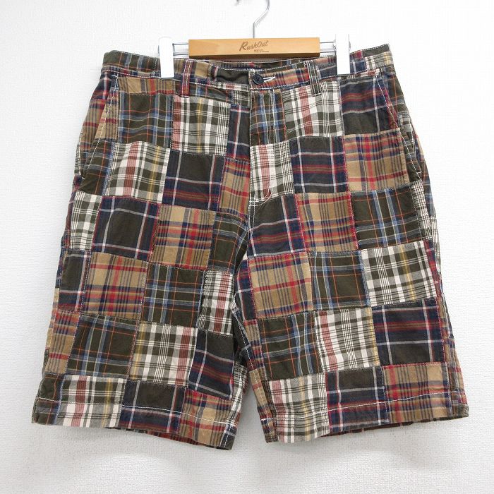 W35★古着 ショート パンツ ショーツ メンズ パッチワーク コットン ブラウン チェック【spe】 26may21