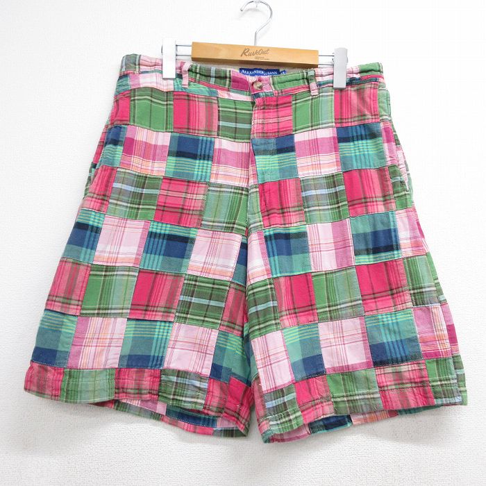 W34★古着 ショート パンツ ショーツ メンズ パッチワーク コットン ピンク チェック【spe】 26may21