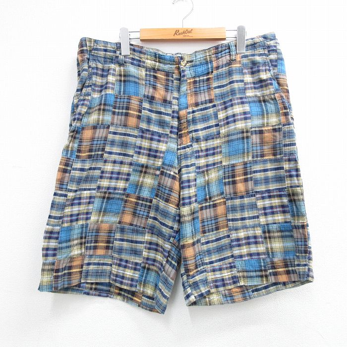 W38 ショートパンツ パッチワーク ブルーチェック | 古着