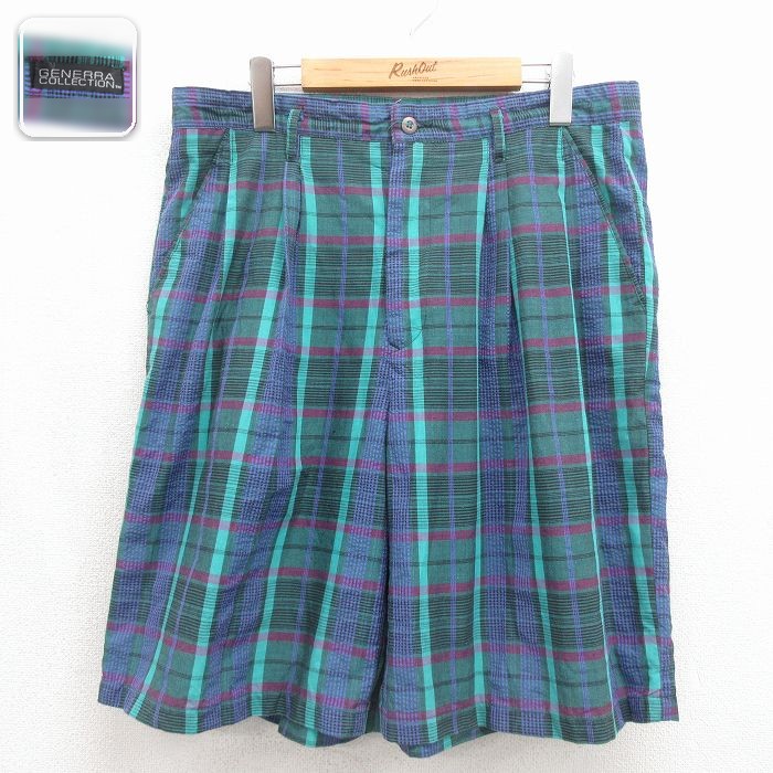 【20%OFF】90s ショートパンツ チェック グリーン 実寸W34 | 古着