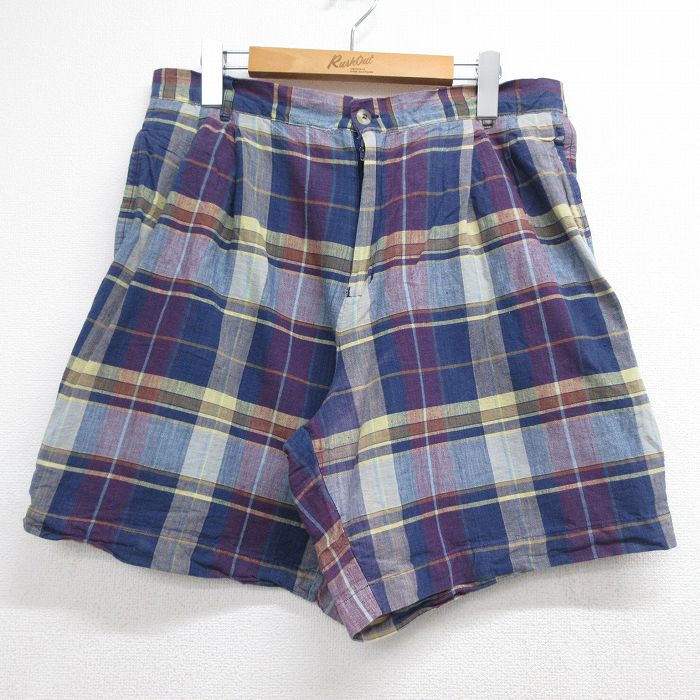 W34★古着 ショート パンツ ショーツ メンズ 90年代 90s コットン ネイビー チェック 26jun04