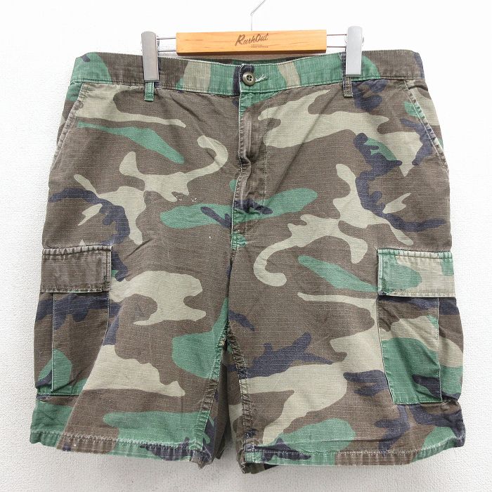 W38★古着 ショート ミリタリー カーゴ パンツ ショーツ メンズ 90年代 90s コンバット リップストップ ウッドランドカモ コットン グリーン 迷彩【spe】 26jun16