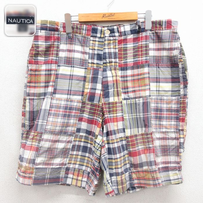 ノーティカ ショートパンツ パッチワーク ネイビーチェック 実寸W37 | 古着