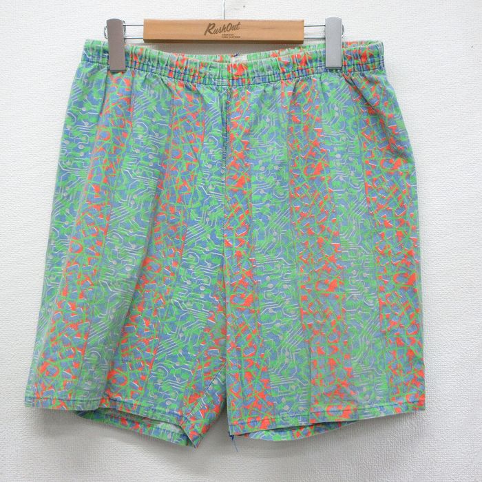 W34★古着 ショート イージー パンツ ショーツ メンズ 90年代 90s 総柄 コットン USA製 グリーン 26jun29