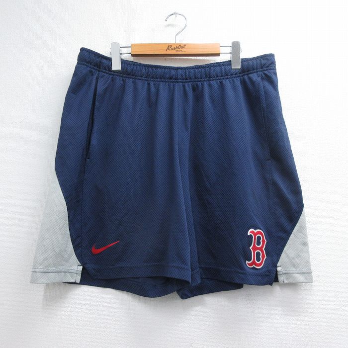 W40★古着 ナイキ NIKE ショート イージー パンツ ショーツ メンズ ワンポイントロゴ MLB ボストンレッドソックス 大きいサイズ ネイビー メジャーリーグ ベースボール 野球 26jul10