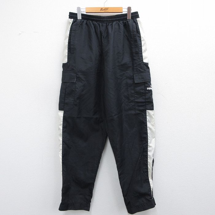 W33★古着 プーマ ナイロン カーゴ パンツ メンズ 00年代 00s ワンポイントロゴ リップストップ 黒 ブラック 25mar07 中古 ボトムス ロング