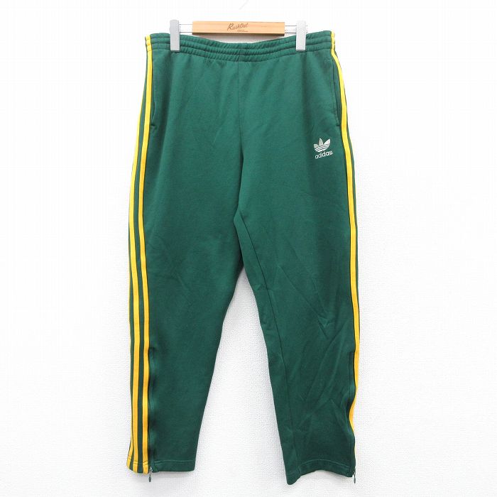 W34★古着 アディダス adidas ジャージ パンツ メンズ 90年代 90s ワンポイントロゴ リーフ トレフォイル 緑他 グリーン 3本ライン 【spe】 25mar26 中古 ボトムス ロング