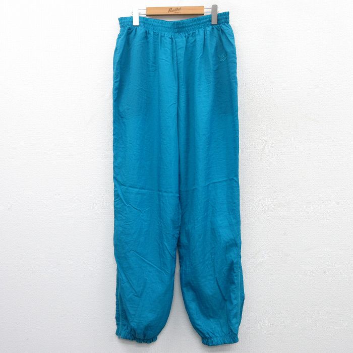 W36★古着 リーボック REEBOK ナイロン パンツ メンズ 90年代 90s ワンポイントロゴ 青緑 25mar26 中古 ボトムス ロング