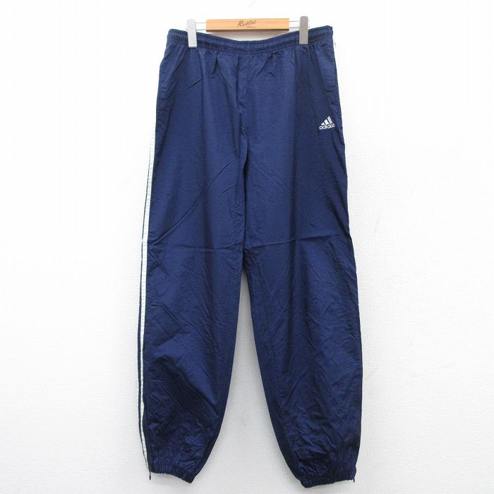 W36★古着 アディダス adidas ナイロン パンツ メンズ 90年代 90s ワンポイントロゴ 紺他 ネイビー 3本ライン 25mar26 中古 ボトムス ロング