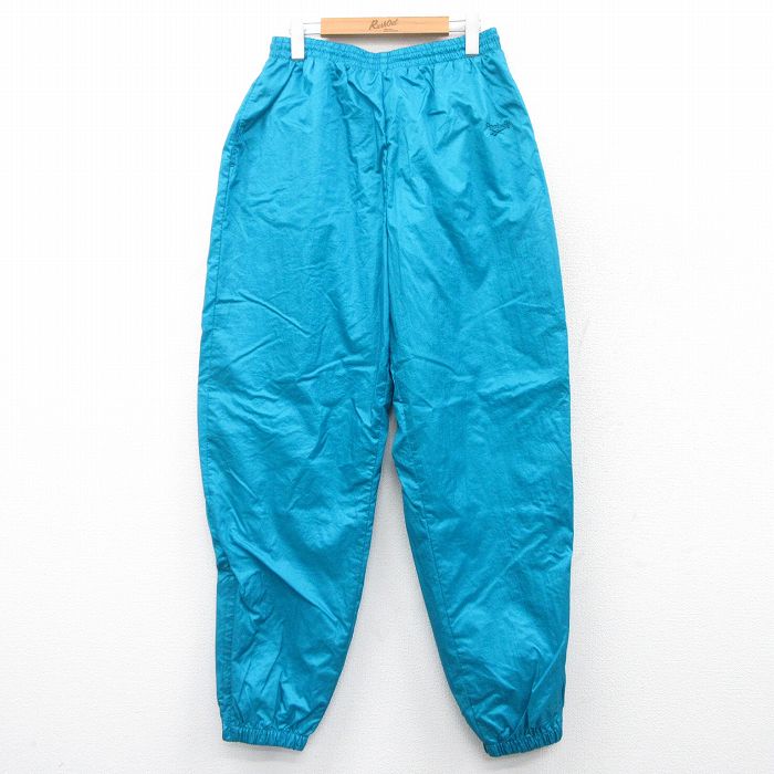 W33★古着 リーボック REEBOK ナイロン パンツ メンズ 90年代 90s ワンポイントロゴ 水色 25mar29 中古 ボトムス ロング