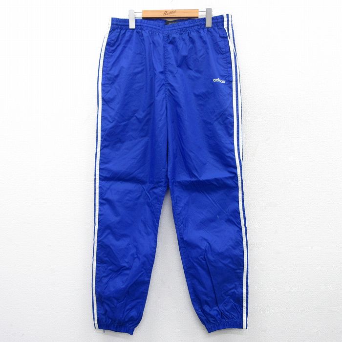 W39★古着 アディダス adidas ナイロン パンツ メンズ 90年代 90s ワンポイントロゴ 大きいサイズ 青他 ブルー 3本ライン 【spe】 25mar29 中古 ボトムス ロング