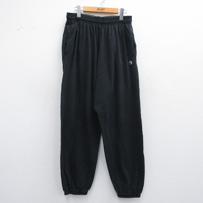 W35★古着 チャンピオン champion イージー パンツ メンズ ワンポイントロゴ コットン 黒 ブラック 25apr25 中古 ボトムス ロング
